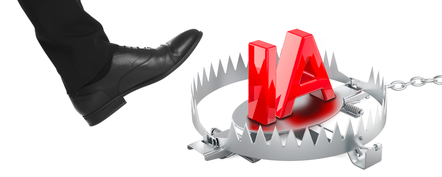 Les lettres « IA » en rouge entre les dents d’un piège à ours en métal brillant, ouvert, symbolisant les dangers ou les pièges associés à l’intelligence artificielle.