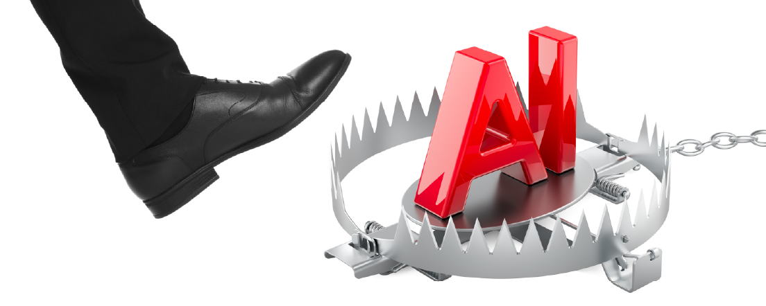 Red letters "AI" stand inside a shiny metal bear trap, symbolizing potential dangers or pitfalls associated with artificial intelligence.