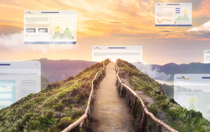 A trail in the mountains with screenshots of online training floating in the sky