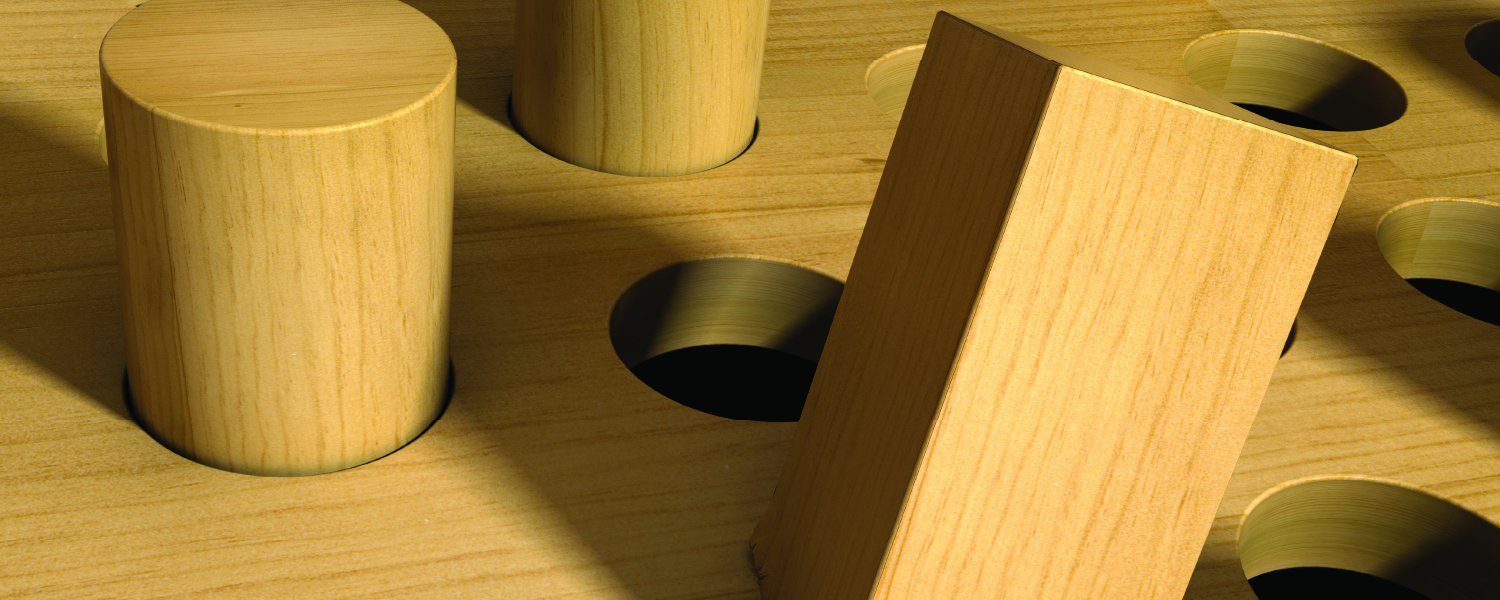 A square peg that is damaged from being forced into a round hole