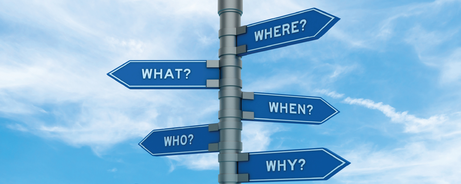 Directional road sign with questions words and a sky background