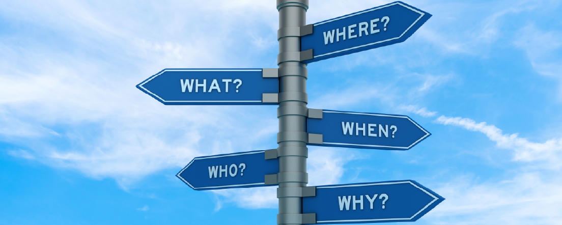Directional road sign with questions words and a sky background