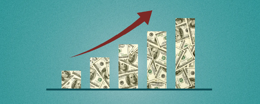 A bar chart made of dollar bills shows upward growth, with five ascending bars and a red arrow pointing diagonally up
