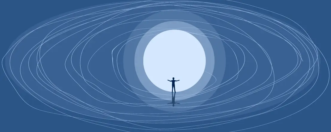 Silhouette humaine debout au centre de lignes tourbillonnantes, approchant la lueur au bout d’un tunnel