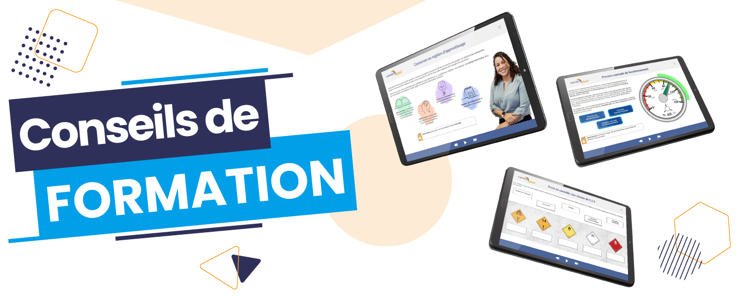 Conseils de formation avec des tablettes électroniques flottantes affichant des captures d’écran de cours CarriersEdge