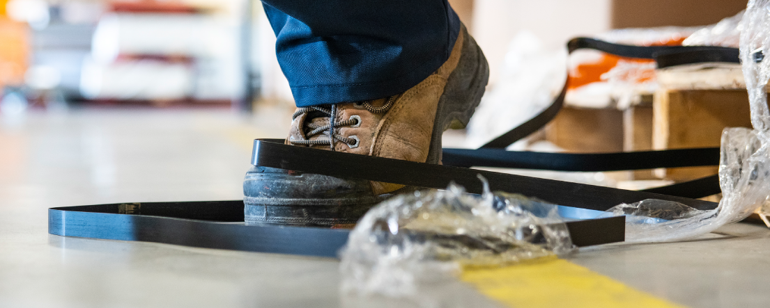 A worker in danger of tripping over a piece of metal strapping in a warehouse.