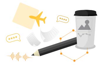 Pencil and coffee cup icons connected via other icons
