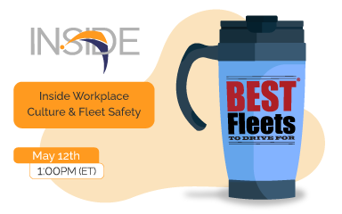 Inside webinar title and a travel mug with the Best Fleets to Drive For logo on it